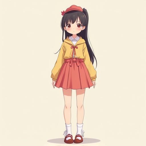 Cute modern clothing girl, 14 years old, full body view, anime style, wearing a hoodie and skirt, with long hair and a playful expression.