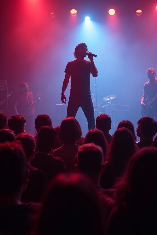 A performer passionately sings on stage. The atmosphere is electric. Audience excitement fills the air. Stage lights shine in shades of red and blue, highlighting the singer. The crowd is engaged, looking at the performer. This scene captures live music event energy and artist connection with fans.