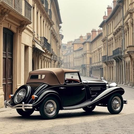 Classic convertible car parked on a paved street. Car has leather upholstered seats and appears spacious. Background features Victorian buildings, detailed but not overwhelming. Emphasis on elegance and historical car design. Fine, precise illustration.