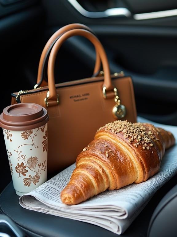 Image of a Michael Kors handbag, a takeaway coffee cup with a brown lid and floral design, a large golden-brown croissant sprinkled with nuts, and a folded newspaper resting in a car.