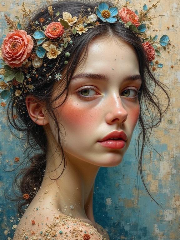 A portrait of a woman with floral elements in her hair. Soft colors and textures create depth. Artistic mixed media elements are present. The composition is beautiful and stunning.