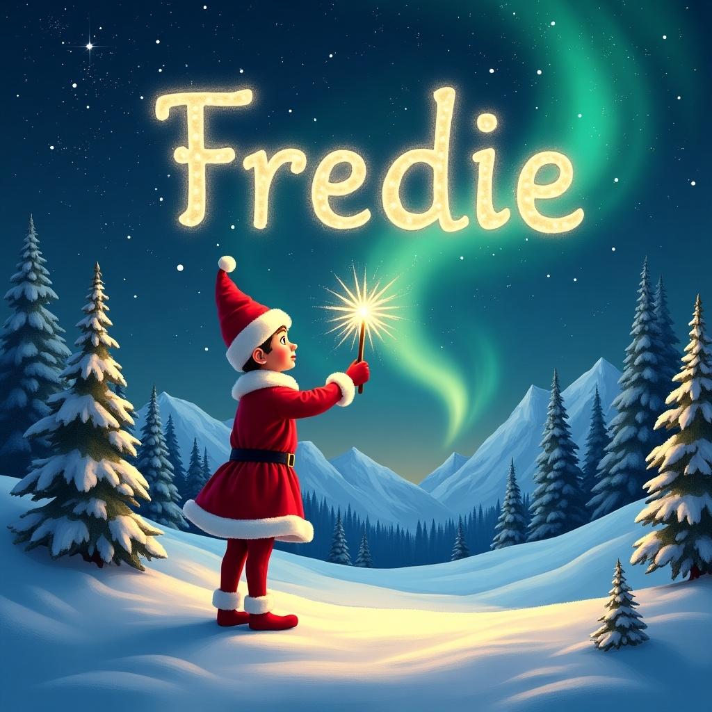 A traditional red elf is positioned in the snowy mountains of the North Pole. The elf is writing with a magic wand illuminating the name Freddie. Above the stars twinkle alongside vibrant northern lights. The landscape features deep snow and towering pine trees under a starry night. This captures a magical winter scene associated with holiday traditions.