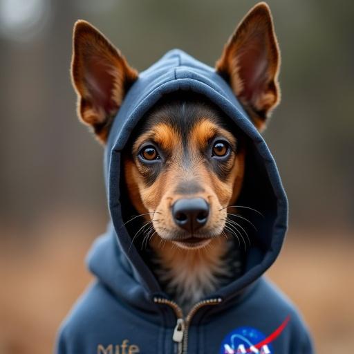 Lancashire Heeler dog wearing NASA hoodie. Soft natural light highlights dog and hoodie. Blurred background creates focus on dog. Dog shows curiosity and playfulness.
