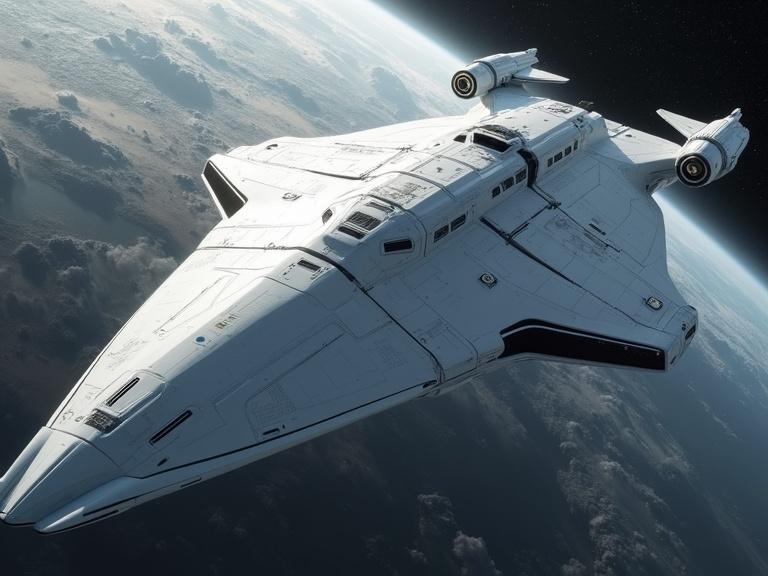 A huge white sci-fi spaceship with a beveled smooth surface. The design includes deep curvy grooves and an organic pointed shape resembling a letter T. The object is floating in space above a planet's atmosphere, showcasing intricate details, realism, shadows, and textures with soft reflections.