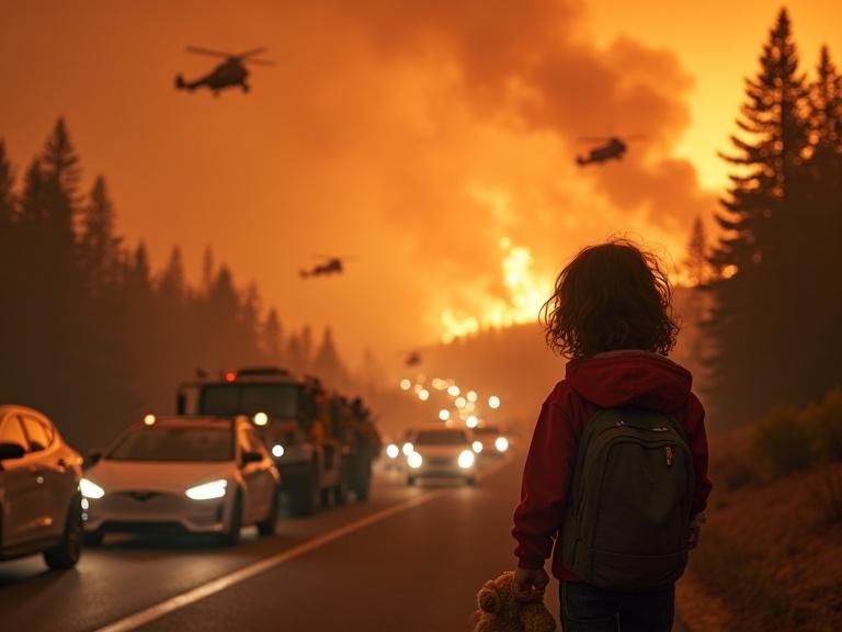 A hyper-realistic cinematic depiction of evacuees fleeing wildfires in Canada and the U.S. The sky is orange and thick with smoke as families pack belongings into cars. Firefighters battle flames in the background, helicopters drop water. A convoy of vehicles snakes down a highway. In the foreground, a child clutches a teddy bear, looking back at home engulfed in flames.