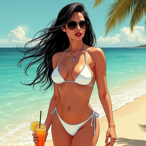 Busty dark-haired woman with flowing hair walks on beach. High-cut white trikini, dark sunglasses. Holds orange juice drink in confident pose. Comic noir style, dramatic lighting, deep shadows, high-contrast inking. Sun casts highlights on her skin, breeze moves her hair, sensual atmosphere. Long shot perspective.