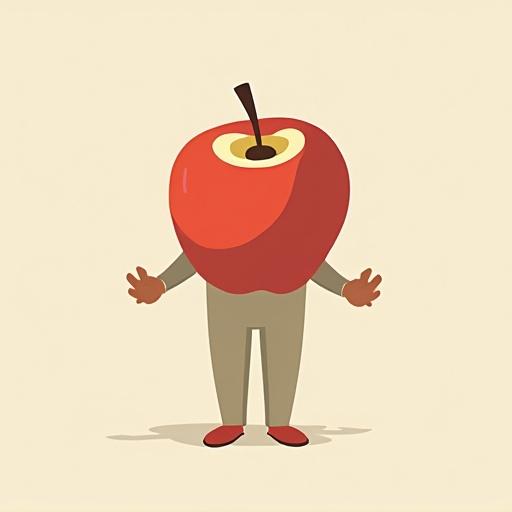 Minimalist flat vector illustration of a character with an apple for a head. Exaggerated body shape with small head and large torso. Character stands with arms open in a playful manner. Solid background.