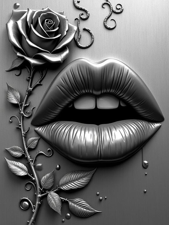 3D stainless steel engraving with glossy lips and carved rose. Sharp grooves represent blood trails. Smoke wisps around lips and rose. Vines, thorns, and droplets frame engraving.