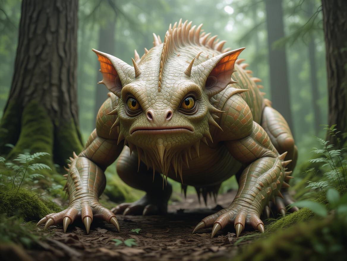 A strange creature in the forest. Highly realistic design. Believable features. Captured in nature documentary style. Detailed textures and colors echoing forest environment.