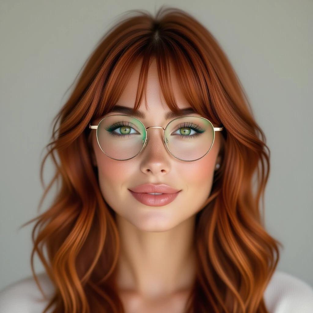 Close-up portrait of a young Brazilian woman with long red hair and bangs. Fair skin and green eyes. She wears modern square glasses. Delicate facial features and a light smile. Warm expression and natural makeup. Soft lighting and clean background. Ultra-realistic image style.