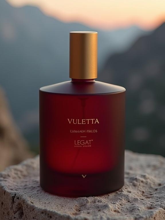 A niche artisan perfume bottle displayed on rugged stone. Frosted deep red-black glass. Clean modern font with 'VULETTA' in aged gold. Fragrance name 'LEGAT' in uppercase yellow gold. Antique gold cap. Set against Montenegrin mountain Lovcen at dawn.