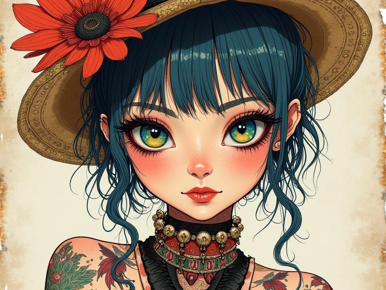 Vibrant punk girl illustration with expressive eyes, adorned with tattoos and piercings. The character wears a flowered hat and has vibrant hair. The background resembles parchment with an aged and torn aesthetic.