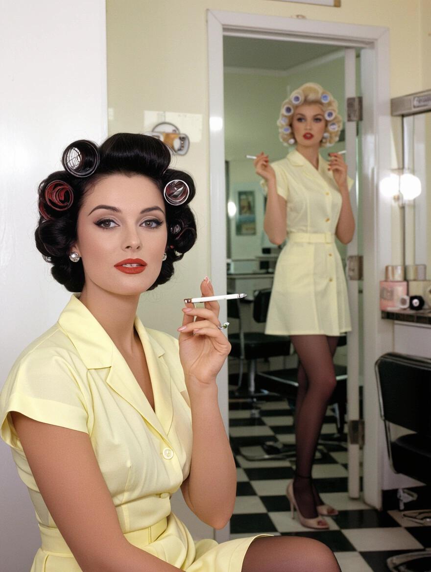 A stunning portrait of a 1960s woman with black hair. Curlers are in her hair. She holds a cigarette between her fingers. She wears a pale yellow smock over a business dress. Another woman with platinum blonde hair stands in the doorway. She also has curlers in her hair and holds a cigarette. The setting is a retro beauty parlor. The decor is elegant and reflects the 1960s era.