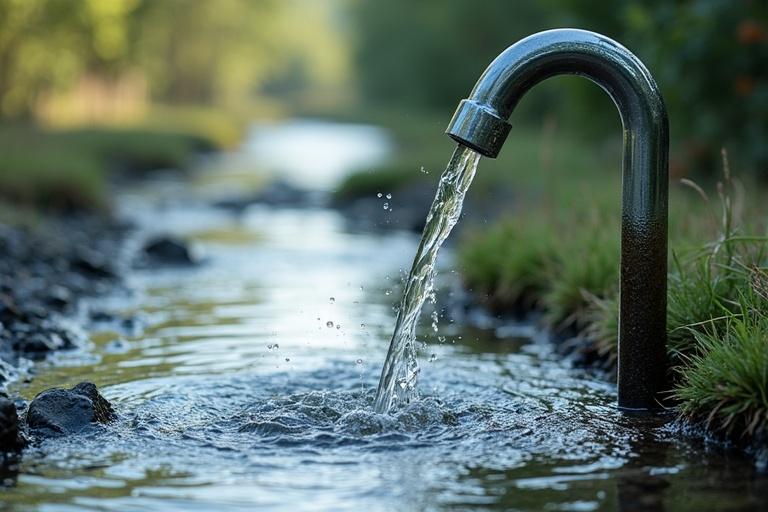 A metal faucet is pouring water into a stream. Sunlight is shining on the water. The environment is lush and green with rocks and grass surrounding the scene. The image is taken from a low angle to emphasize the water flow.