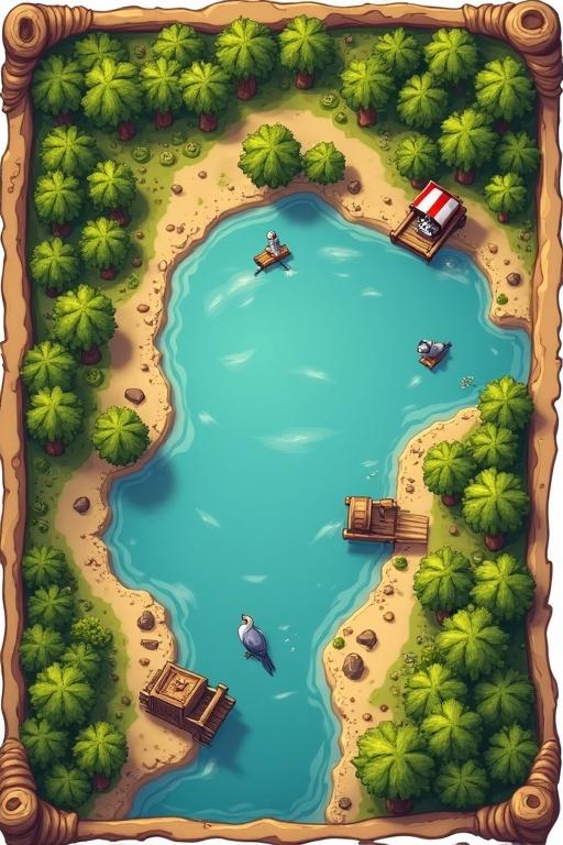 A decorative pirate treasure map with a lake in the center. Six points of interest are present. Surrounding forest and roads are visible. Features birds and a cart. Playful and imaginative theme.