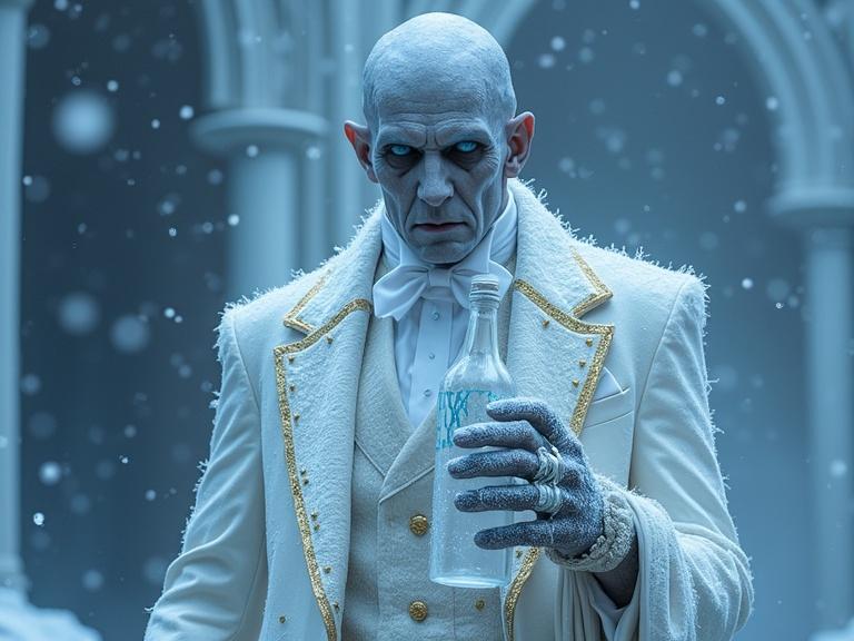 An undead emperor stands in an icy castle. The emperor wears an elegant tuxedo made of white and gold. Icy rings adorn his fingers. In one hand, he holds a frozen vodka bottle with blue letters. The bottle reads VODKA clearly. Snowflakes in turquoise blue surround him.