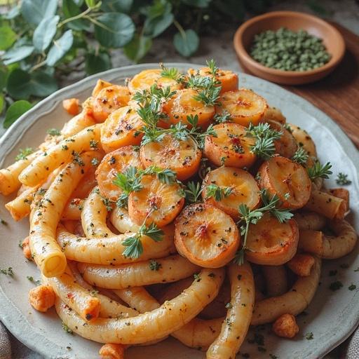 A top-down view of a gourmet pasta dish on a cream-colored plate. The pasta is curvy and topped with orange slices and fresh herbs. The background shows a blurred greenery, enhancing the fresh look of the dish.