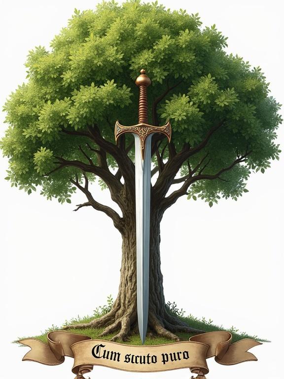 Detailed family crest featuring heart-shaped leaf linden tree and medieval longsword. Tree has thick trunk and symmetrical crown. Foliage shows heart-shaped leaves. Sword has polished steel blade and leather grip. Composition includes heraldic flourishes and a banner with Latin motto.