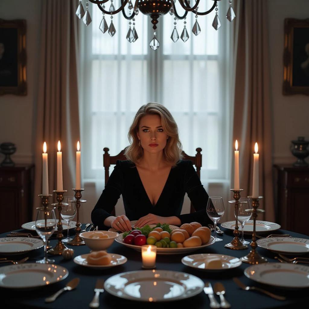 Elegant dining scene with a woman seated at a black velvet table. Table is set with plates and candles. No food is visible. Focus on mood lighting and the atmosphere. Candles illuminating the surroundings.