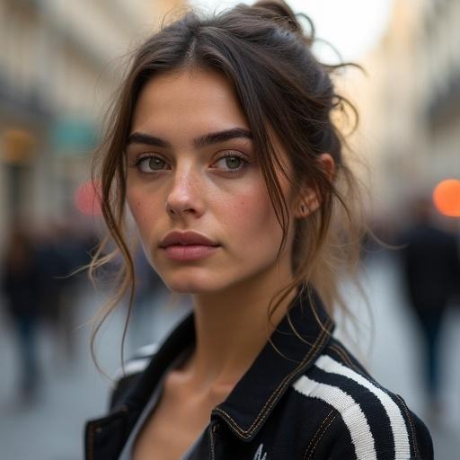 French woman with soft oval face, delicate jawline, tanned ivory skin, subtle freckles and beauty mark, hazel eyes, messy bun hairstyle. Wearing oversized jacket in street setting.