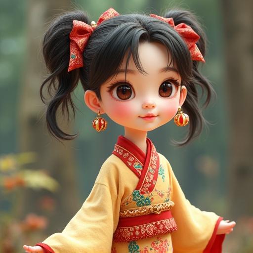 Illustration of a young girl in traditional Chinese clothing. The outfit is detailed with intricate patterns and bright colors. The character has playful pigtails. The background is a blurred forest setting giving a soft ambiance.