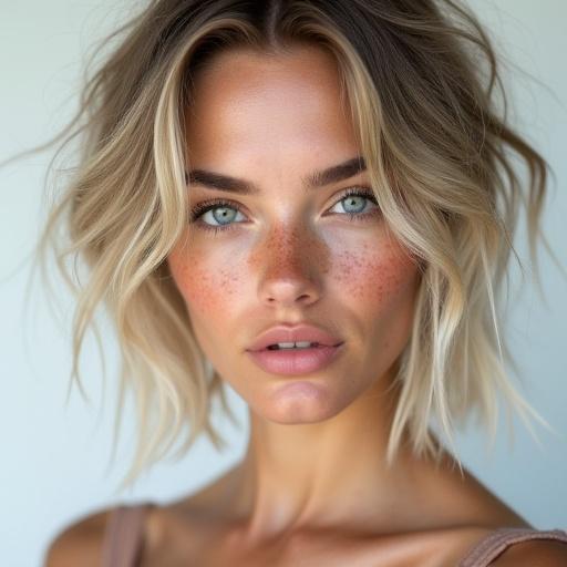 The image features a hyperrealistic portrait of a woman with striking blue eyes and glossy lips. She displays natural freckles on her face. Her hair is a modern choppy bob styled in tousled waves with an ash and light blonde mix. The background is a clean white studio backdrop with soft lighting enhancing her features. The portrait showcases high detail capturing beauty.