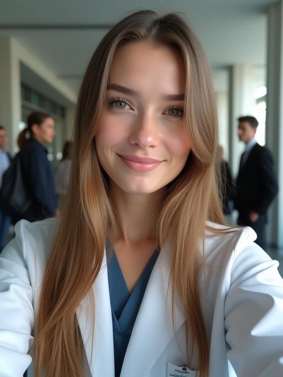 Ultra-photorealistic selfie of a young woman in a white coat. She has long light brown hair and a subtle smile. The setting is a medical school with blurred backgrounds of other people.