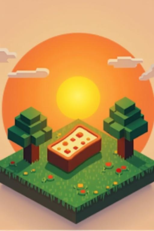 Logo designed for a Minecraft server named Fun World. Features a sunset in orange color. Contains pixelated trees and grass. Central element is a pixel art icon of bread. Modern and stylized graphic appearance.