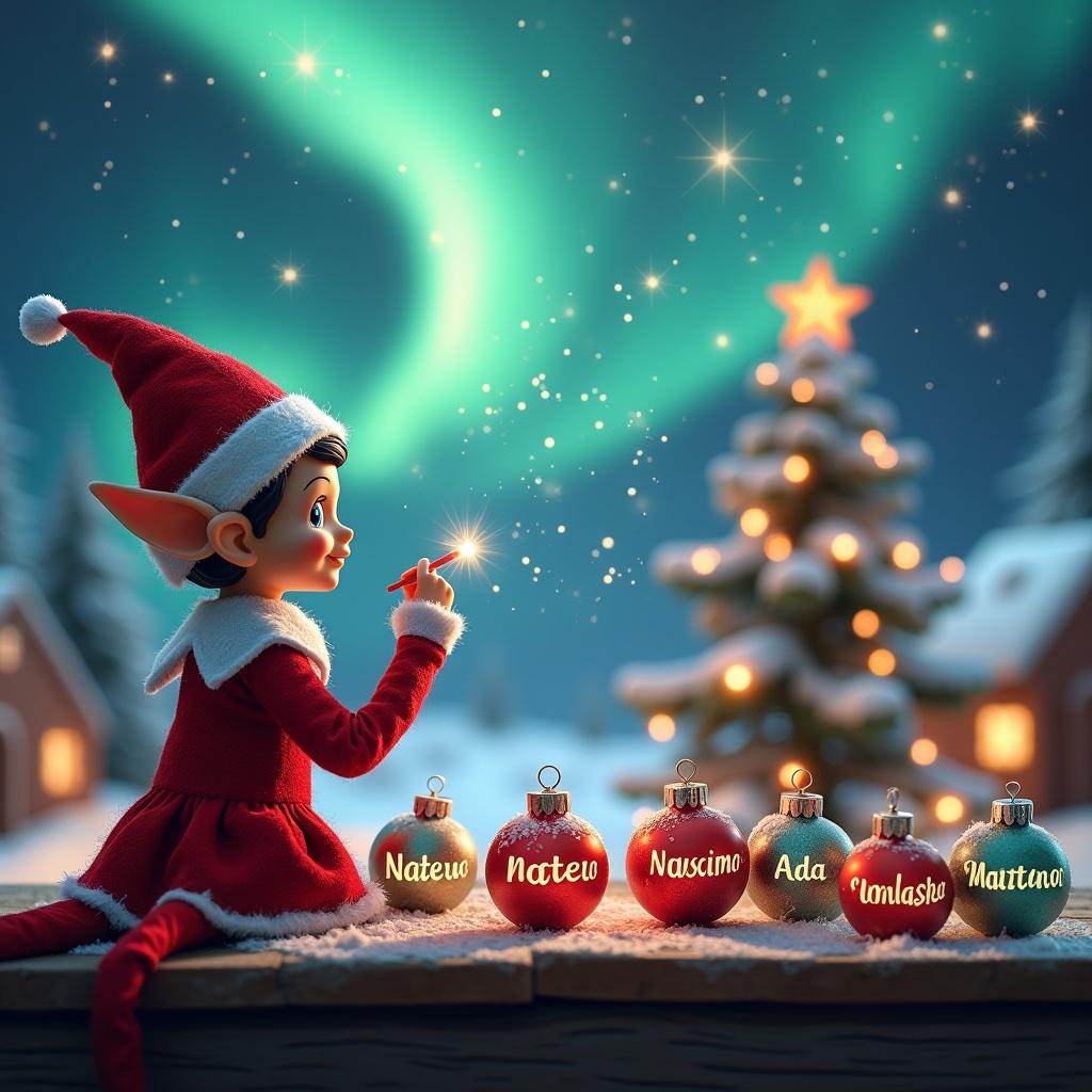 An enchanting Christmas scene features a charming elf dressed in a red outfit and pointed hat. The elf sits on a wooden ledge, gazing at the magical sky adorned with shimmering Northern Lights. In one hand, the elf holds a sparkling wand, writing names like 'Natasha' and 'Ada' among the stars. The background includes a snowy landscape dotted with quaint houses and an evergreen tree twinkling with lights. Surrounding the elf are festive decorations and a joyful atmosphere of holiday magic. This scene embodies the delightful anticipation of Christmas with a whimsical touch.