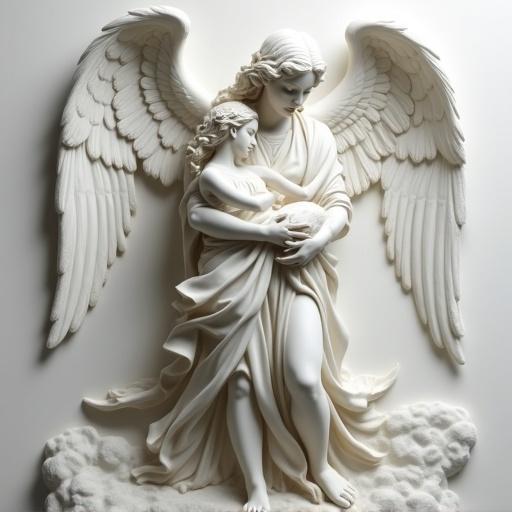 White milky marble bas-relief with high detailed detailing. An angel with big wings holds a slender girl in his arms. Epic scene.