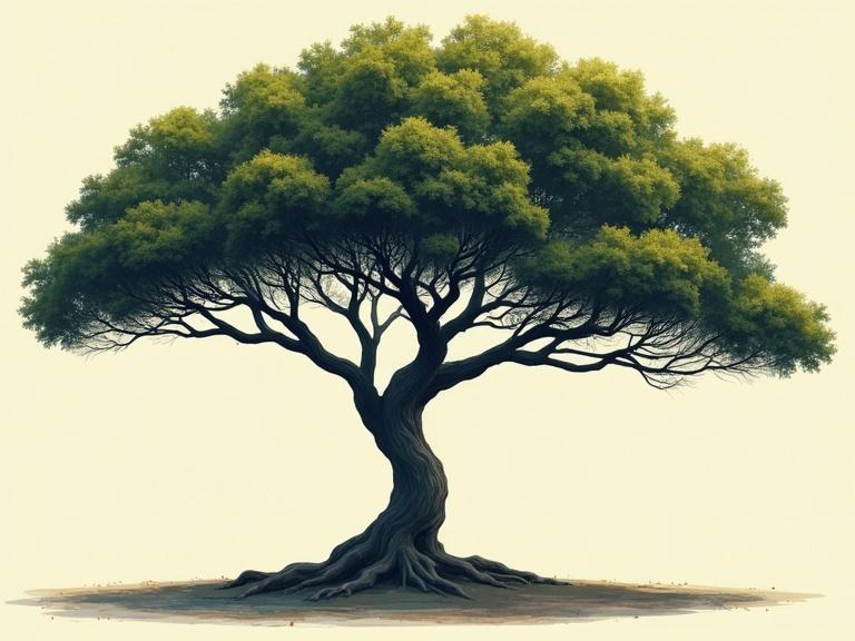 Modern poster art design features a realistic tree with wide branches. The tree has vibrant green leaves and a textured bark. It stands majestically against a light background, emphasizing its shape and structure. Perfect for art enthusiasts and nature lovers.