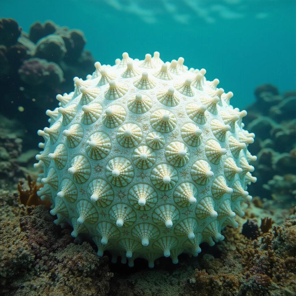 Spherical sea cucumber depicted underwater. Central focus on round shape. Textured surface with spines and patterns. Blue water and coral background.