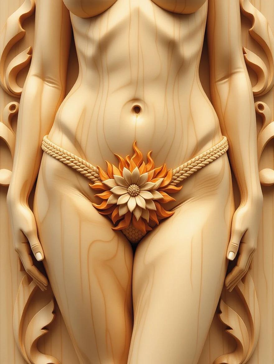 Closeup relief of a nude woman's hips. Detailed wood carving. Features intricate wooden flower at the center. Burning wooden pubic hair depicted. Emphasis on craftsmanship and artistic femininity.