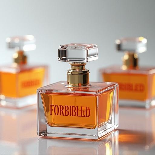Scattered 3D perfume bottles all made of glass with a glass 'Forbidden' sign in front of each bottle