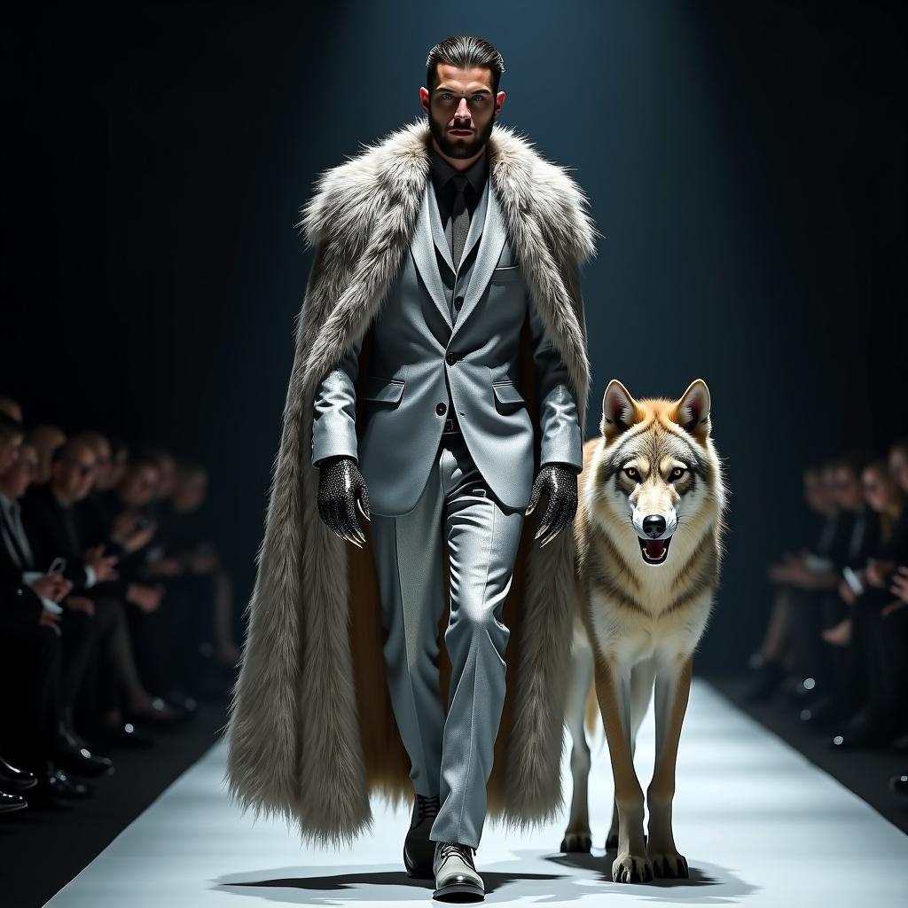 A tall werewolf in a silver fur-lined suit walked confidently on a runway. The cloak resembles wolf's skin and features claw-like accents on gloves. A direwolf stands beside him, sharing a commanding presence. The scene combines fashion and fantasy, with strong synergy between them. Dramatic lighting highlights their outfits.