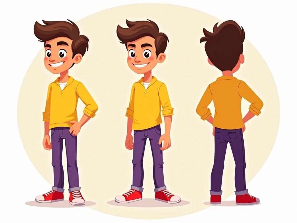 This image showcases a cartoon character design of a handsome young man. He is wearing a bright yellow shirt and stylish purple pants, adding a fun touch to his appearance. His red sneakers complete the lively outfit, making him look youthful and energetic. The character is depicted in three different views: front, side, and back, presented in a circular layout. This design is ideal for animations or illustrations aimed at children.