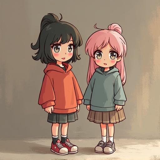 Two cute characters in trendy clothes. One wears an orange hoodie and the other a blue hoodie. Both have stylish hairstyles and skirts. They stand together in a warm environment with soft lighting.