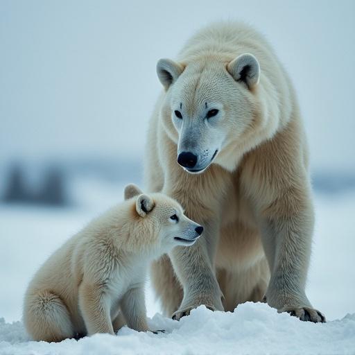 A polar bear with a cub in a snowy landscape. The bear looks down at the cub. Soft lighting enhances their fur details. The scene is peaceful and snowy.