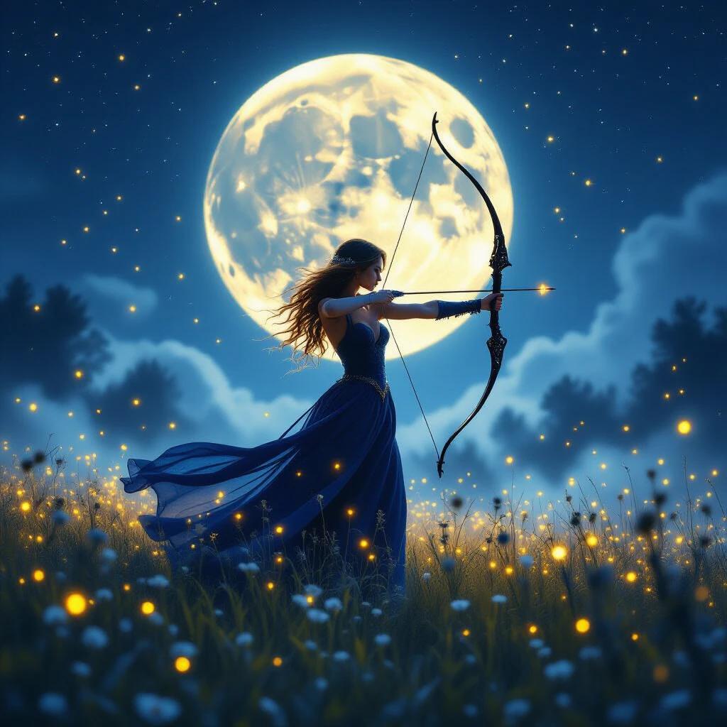 A moonlit archer stands in a glowing field of wildflowers. Her deep sapphire gown flutters in the breeze as she draws her black-silver bow. Surrounded by golden fireflies, a colossal full moon dominates the sky behind her. The moon's glow casts a soft halo through drifting blue mist. Countless stars shimmer across the night sky. This scene embodies fantasy realism with an ethereal and radiant mood, layered with fog and soft backlighting.
