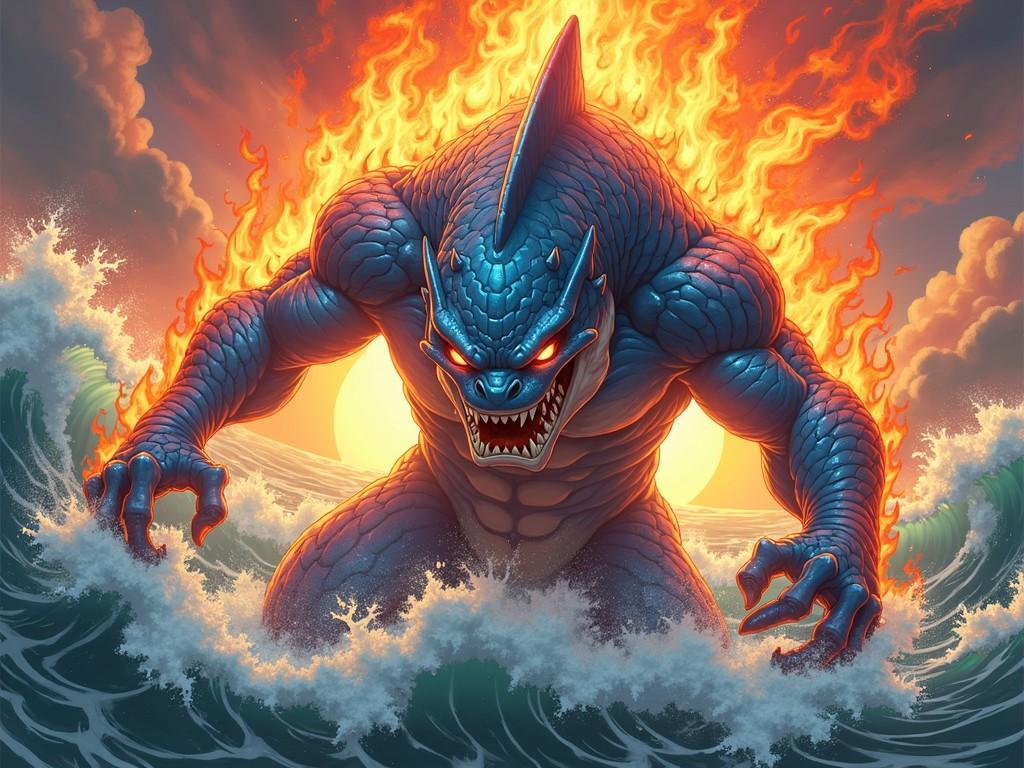 This striking image features an imposing, mythical shark creature with a muscular, humanoid body standing in turbulent ocean waves. Its skin is a vibrant blue, contrasting sharply with the fiery orange and red flames erupting from its back, set against a dramatic sunset. The creature's eyes and mouth exude fierce intensity, giving it a menacing and powerful presence.