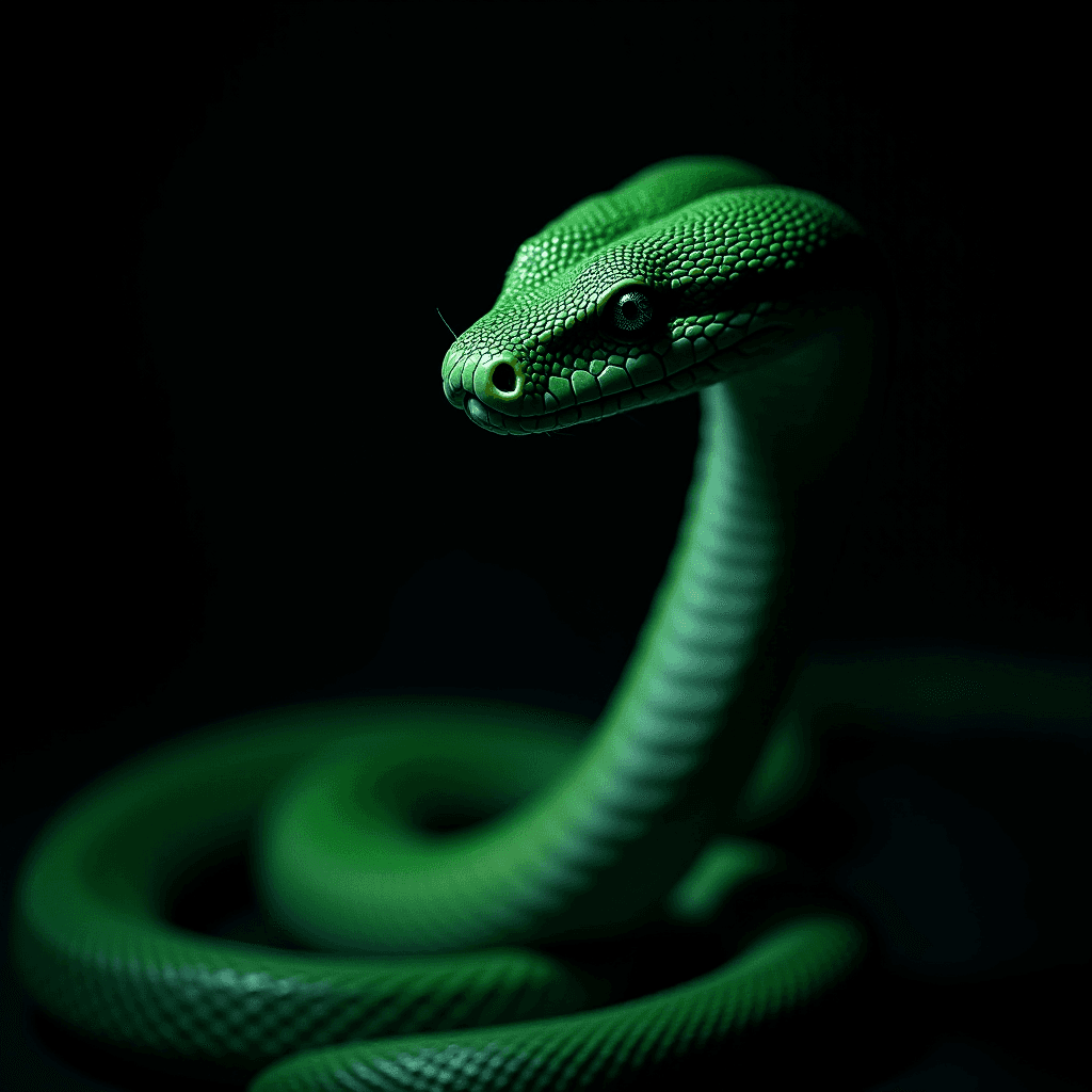 A striking green snake poised with a curious expression against a dark background.