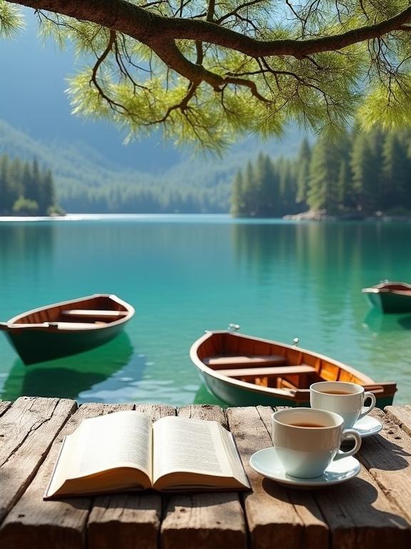 Lakeside scene with a wooden table. Two white cups filled with a warm beverage. An open book lying on the table. Two wooden rowboats moored in turquoise water. Overhanging tree branch with green leaves. Dense forest and misty mountains in the background. Atmosphere is peaceful and cozy.