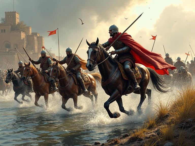 Cartoon style battle scene with Ottonian cavalry featuring Comes Gero attacking Obodrite warriors at riverbank after crossing. Close quarters combat with cavalry gaining advantage through surprise flanking. Background shows Obodrite encampment threatened by attack. Action-oriented and chaotic style with dramatic lighting from elevated perspective.