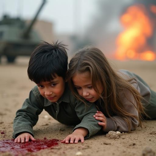 Two children are in a combat zone. A hurt boy has black hair and leg injury. A girl with brown hair is injured too. They crawl to safety amidst explosions and gunfire. Blood trails on the ground indicate danger. The environment shows chaos and trauma.