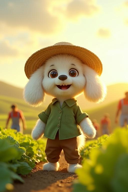 3D scene of cartoon puppy on a farm. Puppy with fluffy white fur. Wearing straw hat and green shirt. Cabbage fields and workers in background. Golden sunlight creates cheerful mood. Rolling hills in view. Ultra HD detail and textures.