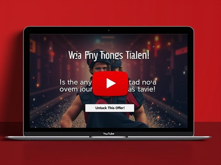 Thumbnail mock-up showing a YouTube video featuring CPA offer call-to-action. Laptop with play button placed on red and black background. Text displayed includes 'Unlock This Offer!'