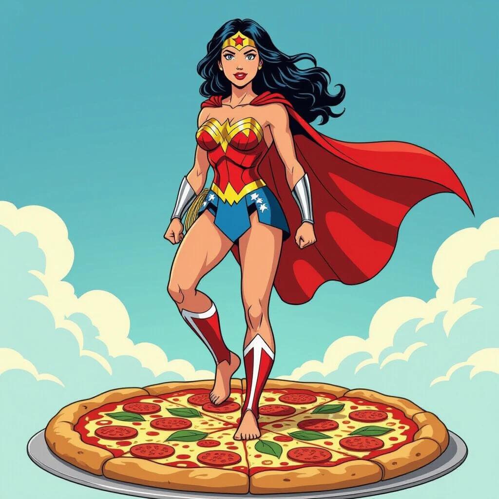 Wonder Woman barefoot standing powerfully on a large pizza with a cheerful sky in the background.