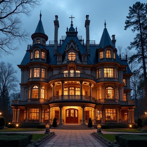 Image of an enchanted grand hotel resembling a mansion with detailed architecture. The lighting creates a warm and enchanting evening atmosphere.