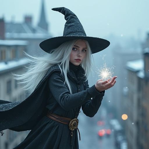 A witch with white straight hair wearing black makeup and a witch hat. Casting ice magic in a medieval cityscape. The scene is set in winter with a city below. Volumetric lighting enhances the magic.