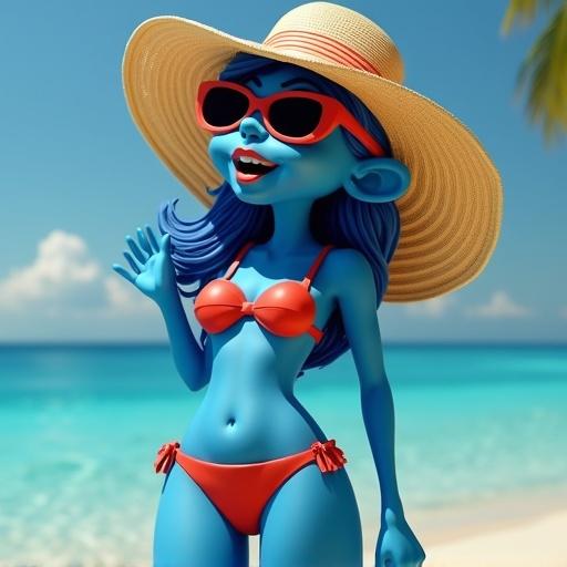 Curvy blue character in bikini and sunglasses at the beach. Smiley expression with hands up. Summer theme. Bright lighting.